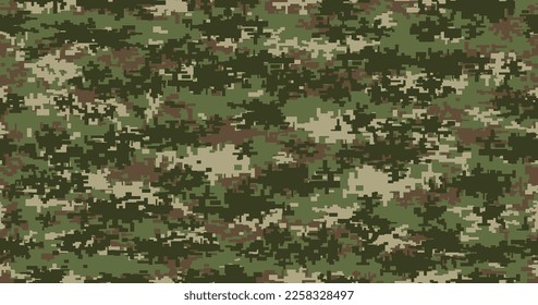 Pixel military camouflage seamless pattern. Vector background of army soldier or hunter camo with green and brown woodland texture. Military and hunting uniform camouflage pattern for textile print