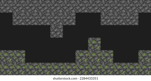 Pixel mine style dungeon level background. Concept of craft game stone pixelated seamless horizontal landscape background with mossy cobblestone. Vector illustration