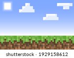 Pixel minecraft style land background. Concept of game ground pixelated horizontal background with blue sky, sun, cloud. Vector illustration
