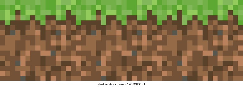 Pixel minecraft style land background. Concept of game ground pixelated horizontal seamless background. Vector illustration