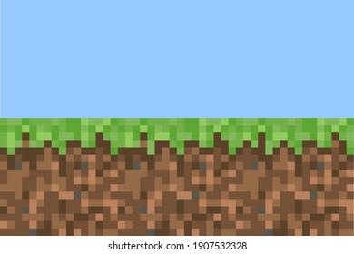 Pixel minecraft style land background. Concept of game ground pixelated horizontal seamless background with blue sky. Vector illustration