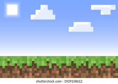 Fondo de tierra al estilo de la minera de Pixel. Concepto de fondo horizontal pixelado en suelo de juego con cielo azul, sol, nube. Ilustración del vector