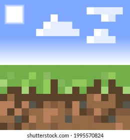 Pixel minecraft style land background. Concept of game ground pixelated horizontal background with blue sky, sun, cloud. Vector illustration