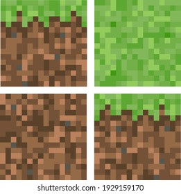 Pixel minecraft style land block background. Concept of game ground pixelated horizontal seamless background. Top, side, bottom view. Isolated on white. Vector illustration