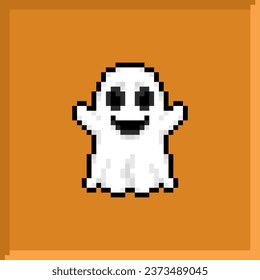 ícono mínimo píxel halloween divertido y bonito fantasma blanco en fondo naranja