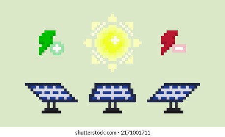 pixel minimal icon set with sun, solar panels, sign plus energy, sign minus energy