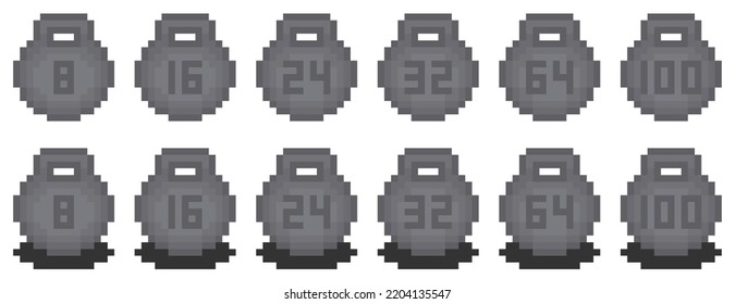 pixel minimal icons set with fitness kettlebells (8, 16, 24, 32, 64, 100 kg)