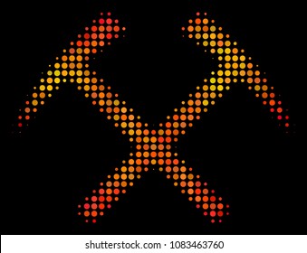 Pixel mining hammers icon. Bright pictogram in fire orange color variations on a black background. Vector halftone pattern of mining hammers symbol formed of circle points.
