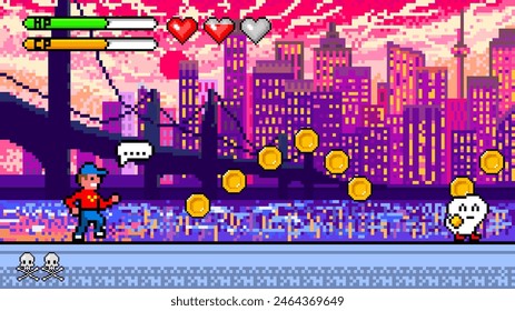 Pixel Modern city. The game character collects coins. Passing levels and number of lives. art 8 bit objects. Background for the application or a website. Retro game poster for computer video arcades.