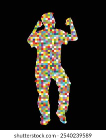 Pixel modernen Stil Party Tänzer urbanen Mann Vektor Silhouette Illustration einzeln. Mosaik-Jungen-Show-Darsteller. Ein hübscher Mann. Spektakel Cheerleader führen Tanz. Sportliche Unterstützung. Disco-Ball-Animator.