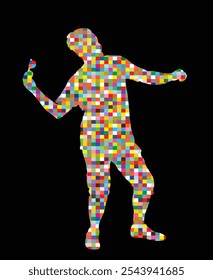 Pixel modernen Stil Party Tänzer urbanen Mann Vektor Silhouette Illustration einzeln. Mosaik-Jungen-Show-Darsteller. Ein hübscher Mann. Spektakel Cheerleader führen Tanz. Sportliche Unterstützung. Disco-Ball-Animator.