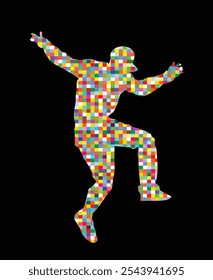 Pixel modernen Stil Party Tänzer urbanen Mann Vektor Silhouette Illustration einzeln. Mosaik-Jungen-Show-Darsteller. Ein hübscher Mann. Spektakel Cheerleader führen Tanz. Sportliche Unterstützung. Disco-Ball-Animator.