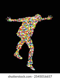 Pixel modernen Stil Party Tänzer urbanen Mann Vektor Silhouette Illustration einzeln. Mosaik-Jungen-Show-Darsteller. Ein hübscher Mann. Spektakel Cheerleader führen Tanz. Sportliche Unterstützung. Disco-Ball-Animator.