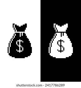  icono de bolsa de dinero de píxeles signo de dólar vectorial para la plantilla de logotipo de la compañía de juegos de 8 bits 