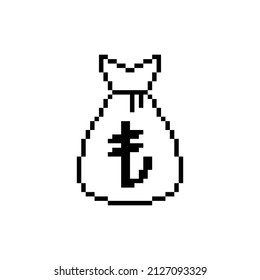 pixel Money bag Turkish lira vector icon sign for 8 bit game