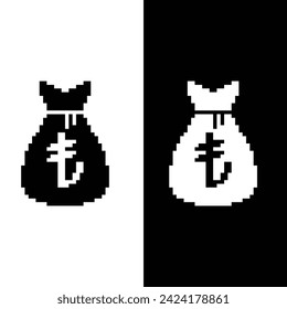 pixel Money bag Turkish lira vector icon sign for 8 bit game