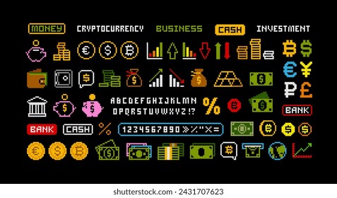 Conjunto de iconos de elementos de dinero y negocios de píxeles. Iconos de negocios de 8 bits Pixel conjunto de criptomonedas, intercambio, infografías Pixel Piggy Bank icono. Iconos de pago en estilo de videojuego retro. Vector editable