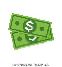 Icono del dinero del pixel con los billetes verdes del dólar. Pixel retro arte moneda notas diseño simple icono de dinero en efectivo