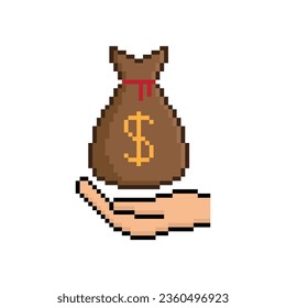 pixel money icon.  Vector pixel art hand holds money bag 8 bit game logo for company 
