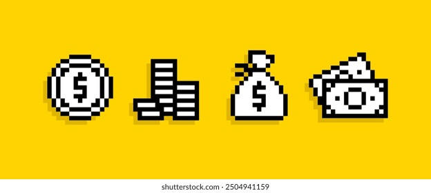 Conjunto de iconos de Pixel Money. 8-bit Pixel Piggy Bank, moneda, billetera e iconos de dinero en efectivo. Video Acumule y ahorre iconos de dinero en estilo de juego retro de 8 bits. Vector de píxeles editable