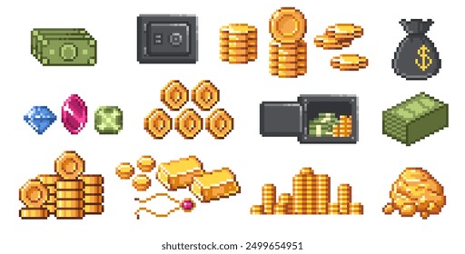 Dinero píxel. Moneda de juego retro de 8 bits, monedas y billetes de oro, caja fuerte y pila de barras de oro, cartera. Riqueza y ahorro, concepto de inversión. Conjunto aislado de dinero isométrico de Vector.