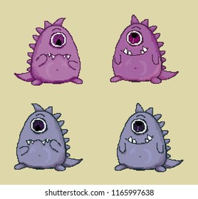 Pixel monster with big eye on white background, vector illustration.
