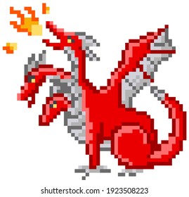 Pixel monster character red three-headed dragon. Pixelated dinosaur with wings breathes fire isolated on white. Art app pixel-games. Fantastic creature magic animal. Fairytale negative personage