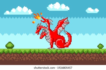 Pixel monster character red three-headed dragon. Pixelated dinosaur with wings breathes fire in nature landscape. Art app pixel-game. Fantastic creature magic angry animal. Fairytale retro personage