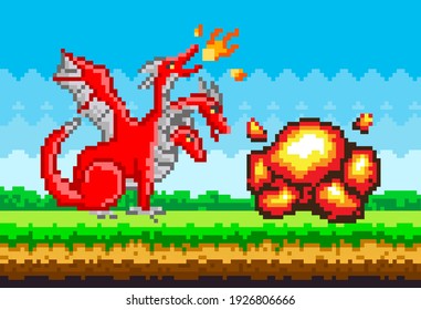 El monstruo del Pixel es un dragón rojo de tres cabezas. Dinosaurio pixelado con alas respira fuego en el paisaje natural. Juego de píxeles de la aplicación de arte. Una criatura fantástica animal mágico enojado y detonación de una bomba