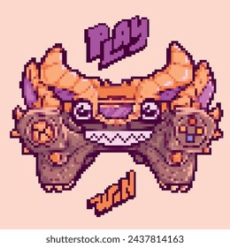 Pixel Monster gamepad illustration. Cartoon joystick print. Game pad print