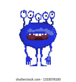 Pixel monster opening mouth when surprise. Confused alien with many eyes looking in different directions. Can be used for topics like emotion, creature, character