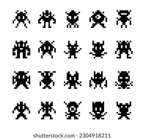 Monstruos de píxeles, personajes de juegos de arcada. Conjunto vectorial aislado de criaturas divertidas en estilo de arte píxel. Siluetas gráficas antiguas de 8 bits. Iconos de videojuegos retro. extraterrestres simples negros con fondo blanco