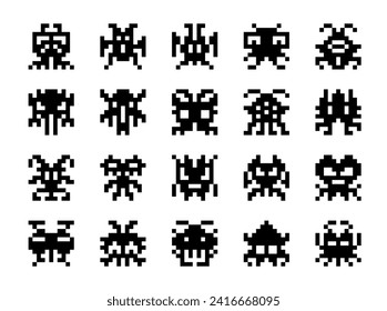 Monstruos de píxeles, personajes de juegos de arcada. Monstruo de píxel cuadrado de juegos retro, ícono de robot electrónico de arcada de 8 bits o criatura vectorial pixelada de juego geek PC. Viejo juego de personajes extraterrestre cibernético de videojuegos