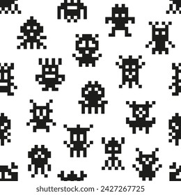 Pixel-Monster, Arcade-Spiel nahtlose Muster. Stoff- oder Textilhintergrund, Tapetenvektor nahtloser Hintergrund oder Druck mit altem Arcade Pixel Alien Monster, Retro-Videospiel-Roboter oder Kreatur-Charakter