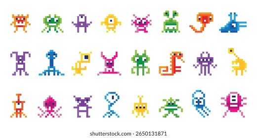 Monstros pixel. Arcade jogar personagens, cores neon isoladas invasores espaço. Alienígenas de 8 bits antigos, invasor de galáxia ou vírus, conjunto de vetores de videogame neotérico
