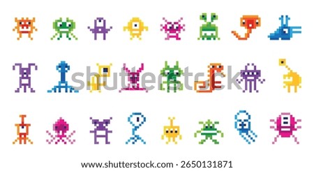 Pixel monsters. Arcade play characters, isolated neon colors space invaders. Vintage 8bit aliens, galaxy invader or virus, neoteric video game vector set