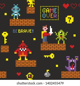 Pixel Monsters And Hero Endless Wallpaper For Surface Graphic Design. Seamless Pattern In Vector With  Funny Vintage Characters. Illustration Of Retro Computer Game.