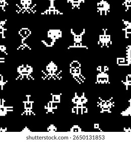 Pixel monstros padrão sem costura. Personagens de 8 bits do jogo de arcade, branco no fundo preto. Alienígenas invasores de ufo, design de impressão de tecido retrô, fundo vetorial neotérico
