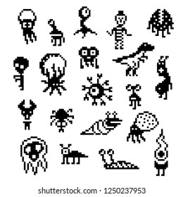 Pixel Monsters Vector Icon Set, Various 8-bit Creatures Isolated On White, Retro Game Villain Character Illustration, Cute Pixel Art Beasts, Fantastic Animals, Aliens And Magical Leaving Beings