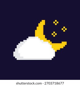 pixel moon stars and cloud icon 8 bit. Vector pixel art night  logo for game	
