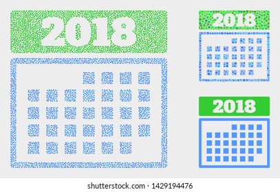 Pixel and mosaic 2018 calendar page icons. Vector icon of 2018 calendar page created of randomized circle items. Other pictogram is created from rectangle elements.