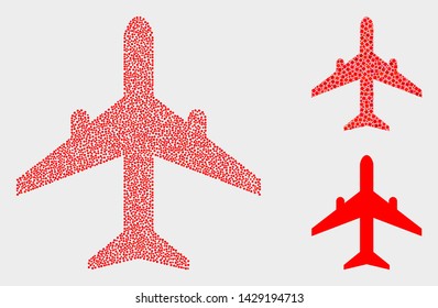 Pixel and mosaic airplane icons. Vector icon of airplane composed of randomized round pixels. Other pictogram is constructed from square pixels.