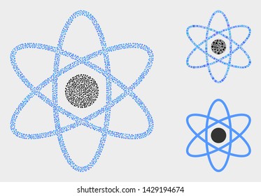 Pixel and mosaic atom icons. Vector icon of atom combined of scattered spheric pixels. Other pictogram is combined from square pixels.
