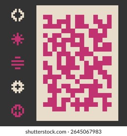 Pixel mosaic background and round pixelated graphic elements. Random square spots backdrop. Vector illustration