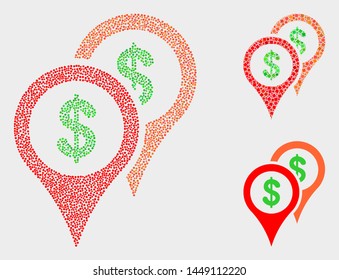 Pixel and mosaic bank map markers icons. Vector icon of bank map markers formed of scattered round dots. Other pictogram is formed from square particles.