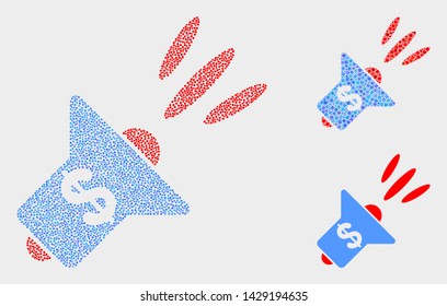 Pixel and mosaic banking advertising megaphone icons. Vector icon of banking advertising megaphone combined of random spheric dots. Other pictogram is combined from dots.