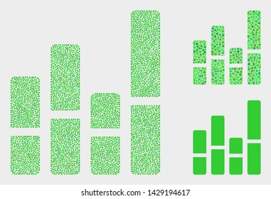 Pixel and mosaic bar chart icons. Vector icon of bar chart organized of scattered spheric pixels. Other pictogram is formed from square pixels.