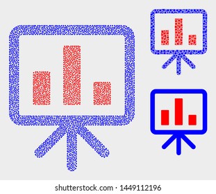 Pixel and mosaic bar chart presentation icons. Vector icon of bar chart presentation designed of random spheric points. Other pictogram is constructed from square dots.