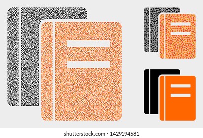 Pixel and mosaic books icons. Vector icon of books organized with random round dots. Other pictogram is organized from small rectangles.