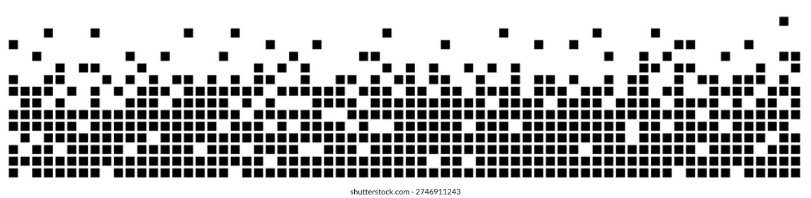 Pixel mosaic border forms a dynamic scatter with geometric rhythm. Square block pattern fades upward with clean grid detail. Vector illustration